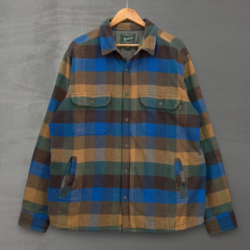 Woolrich Fleece Shirt Shacket Jacket Blue Brown Plaid Snap Front Pockets Large